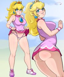 Rule 34 | 1girl, aldharoku, ass, bare shoulders, blonde hair, blue eyes, blush, breasts, censored, clothes lift, crotchless, crotchless panties, crown, dress, dress lift, earrings, from behind, has uncensored version, highres, jewelry, large breasts, long hair, looking at viewer, looking back, mario (series), mario tennis, mario tennis aces, multiple views, naughty face, nintendo, panties, pink dress, ponytail, princess peach, pussy, shoes, sky, smile, sneakers, solo, standing, thick lips, underwear, wristband