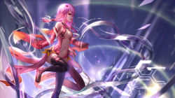 Rule 34 | 10s, 1girl, bare shoulders, black thighhighs, breasts, center opening, cleavage, detached sleeves, elbow gloves, fingerless gloves, gloves, guilty crown, hair ornament, hairclip, highres, long hair, looking at viewer, navel, open mouth, pink hair, red eyes, small breasts, solo, thighhighs, twintails, wangchuan de quanyan, yuzuriha inori