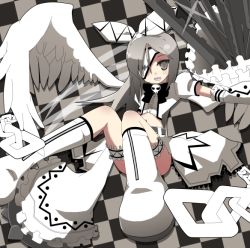 Rule 34 | 1girl, bare legs, black bow, black bowtie, blade, blush, boots, bow, bowtie, bridal garter, center frills, chain, checkered background, detached sleeves, eyepatch, frills, grey eyes, grey hair, hair ribbon, hands in opposite sleeves, long hair, midriff, mukai keiichirou, open mouth, original, parted bangs, ribbon, sitting, skull, sleeves past wrists, solo, teeth, wings, zipper