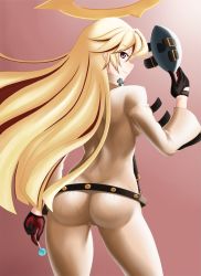 Rule 34 | 1girl, ankh, arc system works, ass, backboob, belt, blonde hair, bodysuit, breasts, cameltoe, candy, spiked halo, contrapposto, finalcake, food, from behind, gloves, gradient background, guilty gear, guilty gear xrd, guilty gear xrd: revelator, halo, highres, jack-o&#039; valentine, lollipop, long hair, looking at viewer, looking back, mask, unworn mask, multicolored hair, pants, pink eyes, red eyes, red hair, skin tight, smile, solo, standing, tight clothes, tight pants, two-tone hair