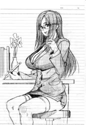 Rule 34 | 1girl, breasts, cleavage, desk, drain, formal, glasses, graphite (medium), greyscale, indoors, large breasts, lined paper, long hair, looking at viewer, miniskirt, monochrome, original, pencil skirt, sitting, sketch, skirt, skirt suit, smile, solo, suit, teacher, thighhighs, traditional media, vase, zettai ryouiki