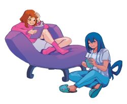 Rule 34 | 2girls, asui tsuyu, blue hair, blue pants, boku no hero academia, book, bow-shaped hair, brown hair, closed eyes, commentary, couch, cup, english commentary, fenkko, full body, holding, holding book, holding cup, indian style, long hair, long sleeves, medium hair, mug, multiple girls, pants, pink socks, pink sweater, reading, shirt, short sleeves, shorts, simple background, sitting, slippers, smile, socks, sweater, uraraka ochako, white background, white shirt, white shorts