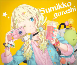Rule 34 | 1girl, ;), aran sweater, backpack, bag, bendy straw, black choker, blonde hair, blue eyes, blue jacket, cable knit, camera, charm (object), choker, closed mouth, cup, disposable cup, drink, drinking straw, gradient hair, green hair, hair ornament, hairclip, hakusai (tiahszld), holding, holding camera, holding cup, jacket, leaning to the side, long hair, long sleeves, low twintails, multicolored hair, nail polish, one eye closed, open clothes, open jacket, orange background, original, pink sweater, polka dot, simple background, smile, star (symbol), star hair ornament, sweater, twintails, watch, wristwatch