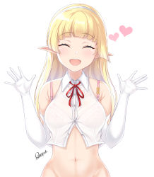 Rule 34 | 2021, arms up, blonde hair, blunt bangs, bra visible through clothes, closed eyes, collared shirt, elbow gloves, elf, elf no radral, garter belt, garter straps, gloves, heart, highres, navel, open mouth, original, pointy ears, radral, red ribbon, ribbon, see-through, shirt, sleeveless, smile, teeth, upper body, upper teeth only, white background