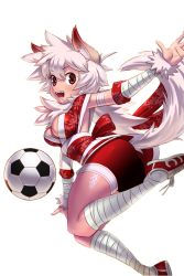 Rule 34 | 1girl, animal ears, armband, ball, bike shorts, breasts, cleavage, floral print, full body, highres, leg wrap, long hair, looking back, medium breasts, official art, open mouth, red eyes, red footwear, red shorts, ripa (soccer spirits), shoes, shorts, sneakers, soccer ball, soccer spirits, solo, tail, tattoo, transparent background, white hair