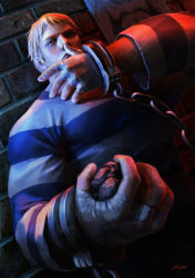 Rule 34 | 1boy, against wall, bad end, bandages, blonde hair, brick wall, cameo, cassio yoshiyaki, cody travers, cuffs, dutch angle, edi e, final fight, hand wraps, handcuffs, hiding, highres, male focus, manly, nose, photorealistic, police, poster (object), prison clothes, realistic, rock, solo, street fighter, street fighter iv (series), street fighter zero (series), zangief