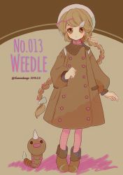 Rule 34 | 1girl, absurdres, bow, braid, brown background, brown eyes, brown footwear, brown theme, character name, coat, creature and personification, creatures (company), dated, eyes visible through hair, full body, game freak, gen 1 pokemon, hair bow, hair ornament, hairclip, hat, highres, long hair, long sleeves, narumame, nintendo, personification, pink bow, plaid, plaid legwear, pokedex number, pokemon, pokemon (creature), puffy long sleeves, puffy sleeves, shadow, swept bangs, twitter username, two-tone background, very long hair, weedle, white headwear