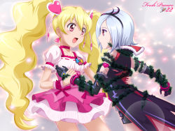 Rule 34 | 00s, 2girls, arm around waist, blonde hair, blue hair, blush, copyright name, cure peach, eas (fresh precure!), eye contact, eyelashes, fresh precure!, hair ornament, hairband, heart, heart hair ornament, higashi setsuna, holding another&#039;s wrist, keybowd, long hair, looking at another, momozono love, multiple girls, open mouth, pink eyes, precure, red eyes, short hair, sparkle, thorns, twintails, yuri