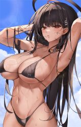 Rule 34 | 1girl, absurdres, arms up, bikini, black bikini, black hair, blue archive, blue sky, breasts, cleavage, commentary, hair ornament, hairclip, halo, highleg, highleg swimsuit, highres, kithera, large breasts, long hair, navel, parted lips, red eyes, rio (blue archive), skindentation, sky, solo, stomach, swimsuit, symbol-only commentary, very long hair, wet