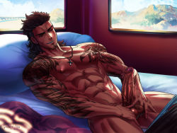 Rule 34 | 10s, 1boy, abs, bed, black hair, dreadful alibi, erection, facial hair, final fantasy, final fantasy xv, gladiolus amicitia, grin, lying, male focus, muscular, naughty face, pectorals, penis, penis grab, pillow, scar, topless male, smile, smirk, solo focus, testicle grab, testicles, window