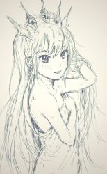 Rule 34 | andressina, aurora (destiny child), bare shoulders, blush, destiny child, hand in own hair, holding, long hair, looking at viewer, monochrome, sketch, tagme, towel, towel over breasts, wet