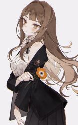 Rule 34 | 1girl, arm across waist, bad id, bad twitter id, bare shoulders, black jacket, black nails, black ribbon, black skirt, brown eyes, brown hair, buttons, collared vest, commentary, flower, from side, hair ornament, hair ribbon, hairpin, head tilt, highres, holding, holding flower, jacket, lapel pin, long hair, long sleeves, looking at viewer, nail polish, neck ribbon, off shoulder, original, parted lips, pleated skirt, ribbon, satsuki (miicat), simple background, skirt, solo, twitter username, vest, white background, white vest