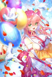 Rule 34 | 1girl, absurdres, ahoge, balloon, bare shoulders, bird, blush, breasts, cherry blossom print, confetti, detached sleeves, fang, floral print, frills, green eyes, hair between eyes, hair ornament, hairclip, highres, hololive, large breasts, lims (neko2lims), long hair, looking at viewer, open mouth, paw print, paw print pattern, petals, pink hair, sakura miko, sakura miko (1st costume), sideboob, skin fang, smile, solo, virtual youtuber, x hair ornament