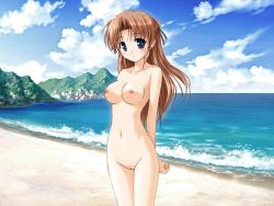 Rule 34 | 1girl, arms behind back, beach, bekkankou, blush, breasts, brown hair, cleavage, closed mouth, cloud, cloudy sky, collarbone, cowboy shot, day, game cg, long hair, looking at viewer, medium breasts, mountain, mountains, navel, nipples, nude, nude filter, ocean, outdoors, purple eyes, pussy, sand, sky, smile, solo, standing, takamizawa natsuki, third-party edit, uncensored, water, yoake mae yori ruri iro na