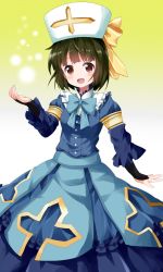 Rule 34 | 1girl, :d, blue bow, blue bowtie, bow, bowtie, bridal gauntlets, brown eyes, brown hair, dress, hat, highres, kin-iro mosaic, long dress, long sleeves, oomiya shinobu, open mouth, outstretched hand, ruu (tksymkw), short hair, smile, solo