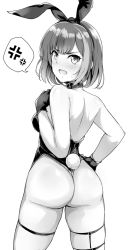 Rule 34 | 1girl, anger vein, animal ears, ass, bang dream!, bare back, belt collar, blush, breasts, collar, commentary request, cowboy shot, fake animal ears, fake tail, from behind, gloves, greyscale, hairband, hand on own hip, hand on own chest, highres, legwear garter, leotard, medium breasts, mitake ran, monochrome, open mouth, playboy bunny, rabbit ears, rabbit tail, short hair, skindentation, solo, speech bubble, spoken anger vein, standing, strapless, strapless leotard, suisen toire (moko924), sweatdrop, tail, thong leotard