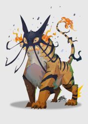 Rule 34 | animal focus, artist name, claws, colored sclera, dream tiger (govy9807), fiery tail, full body, g3demon, highres, looking at viewer, monster, no humans, original, sharp teeth, simple background, solo, tail, teeth, tiger, white background, yellow eyes, yellow sclera