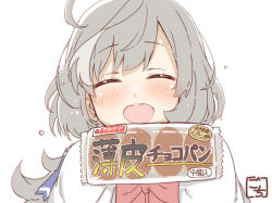 Rule 34 | 1girl, :d, ^ ^, ahoge, artist name, assault lily, blush, bow, bowtie, bread, closed eyes, commentary, facing viewer, food, gochisousama (tanin050), grey hair, hands up, herensuge girls academy school uniform, holding, holding food, jacket, long hair, long sleeves, multicolored hair, open mouth, red bow, red bowtie, sasaki ran, school uniform, simple background, sleeves past fingers, sleeves past wrists, smile, solo, streaked hair, teeth, translation request, upper body, upper teeth only, white background, white jacket
