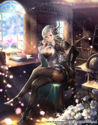 Rule 34 | 1girl, adjusting eyewear, black pantyhose, book, bookshelf, breasts, brooch, building, candle, candlestand, chair, cleavage, company name, copyright request, crossed legs, dated, day, desk, flower, glasses, globe, grey eyes, grey hair, hair ornament, highres, indoors, jar, jewelry, ladder, large breasts, long hair, looking at viewer, matsumoto mitsuaki, official art, open book, open window, pantyhose, pointer, sitting, smile, solo, table, thighhighs, thighs, tree, white flower, window, wooden floor