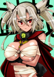 Rule 34 | 10s, 1girl, black gloves, breast hold, breasts, budget sarashi, cape, crossed arms, dark-skinned female, dark skin, glasses, gloves, grey hair, headgear, huge breasts, kantai collection, musashi (kancolle), perepere-kun, pointy hair, red eyes, sarashi, short hair, short twintails, solo, twintails