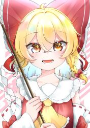 Rule 34 | 1girl, ascot, blonde hair, blush, bow, braid, colorized, commentary request, cosplay, detached sleeves, frilled bow, frills, gohei, hair bow, hakurei reimu, hakurei reimu (cosplay), highres, holding, holding gohei, kirisame marisa, long hair, looking at viewer, nodoguro (phi-tan), open mouth, red bow, ribbon-trimmed sleeves, ribbon trim, shadow, side braid, single braid, smile, solo, star (symbol), star in eye, symbol in eye, touhou, yamutarou, yellow ascot, yellow eyes