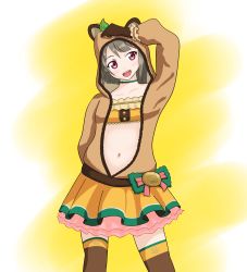 Rule 34 | 1girl, animal ears, animal hood, arm behind back, artist name, artist request, bandeau, black gloves, black legwear, blush, bow, breasts, brown gloves, brown hair, brown hoodie, brown jacket, brown legwear, buttons, choker, cleavage, collarbone, exciting animal (love live!), female focus, frill trim, frilled bandeau, frilled cuffs, frilled skirt, frilled sleeves, frills, fur-trimmed jacket, fur jacket, fur trim, gloves, green bow, green choker, green ribbon, grey hair, hair ornament, heart, heart (symbol), heart print, highres, hood, hood up, hooded jacket, hoodie, jacket, leaf hair ornament, leaf print, light brown hair, long sleeves, looking at viewer, love live!, love live! nijigasaki high school idol club, love live! school idol festival, love live! school idol festival all stars, miniskirt, nakasu kasumi, neck ribbon, orange bandeau, orange skirt, parted lips, pink bow, pink eyes, plaid, plaid skirt, pleated, pleated skirt, puffy long sleeves, puffy sleeves, purple eyes, raccoon costume, raccoon ears, raccoon hood, raccoon tail, ribbon, ribbon trim, short hair, skirt, small breasts, smile, solo, tail, two-tone legwear, two-tone skirt, white wrist cuffs, wrist cuffs