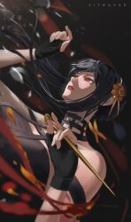 Rule 34 | 1girl, absurdres, artist name, artist request, bare shoulders, black background, black dress, black gloves, black hair, blood, breasts, broken glass, dagger, dress, falling, fingernails, flower, glass, gloves, gold hairband, hairband, hands up, highres, holding, holding weapon, knife, large breasts, light, lips, lipstick, long fingernails, looking up, makeup, red eyes, rose, short hair, short hair with long locks, sidelocks, simple background, sleeveless, sleeveless dress, solo, spy x family, stiletto (weapon), teeth, weapon, yor briar