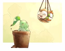Rule 34 | bird, blush, border, chikorita, closed mouth, commentary request, creatures (company), closed eyes, flower pot, game freak, gen 2 pokemon, gen 7 pokemon, hanging, happy, highres, nintendo, no humans, open mouth, pkpokopoko3, pokemon, pokemon (creature), rowlet, smile, soil, white border, yellow background