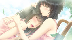 Rule 34 | 2girls, bare shoulders, black hair, blush, brown hair, chair, crying, dutch angle, closed eyes, flowers (innocent grey), frills, game cg, hand on another&#039;s head, holding, hug, leaf, multiple girls, official art, open mouth, outdoors, parted lips, sad, short hair, sugina miki, takasaki chidori, tears, teeth, yaegaki erika