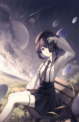 Rule 34 | 1girl, absurdres, bench, benghuai xueyuan, beret, black hat, black necktie, black skirt, camera, cloud, collared shirt, darkworldsss, feet out of frame, from side, full moon, hat, high-waist skirt, highres, holding, holding camera, honkai (series), horizon, legs together, long sleeves, looking at viewer, miniskirt, moon, necktie, one eye covered, park bench, parted lips, pleated skirt, purple eyes, purple hair, seele vollerei, shadow, shirt, shooting star, short hair, sitting, skirt, solo, suspender skirt, suspenders, taking picture, thigh strap, thighs, white shirt
