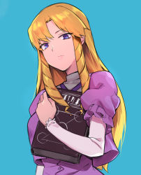 Rule 34 | 1girl, blonde hair, blue background, book, brll, closed mouth, commentary request, dress, drill hair, hand up, highres, holding, holding book, konjiki no gash!!, layered sleeves, long hair, long sleeves, looking at viewer, purple dress, purple eyes, sherry belmont, short over long sleeves, short sleeves, simple background, solo, upper body