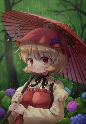 Rule 34 | 1girl, aki minoriko, apron, arinu, black neckwear, blonde hair, breasts, closed mouth, commentary request, dress, flower, food, fruit, grapes, hair between eyes, hat, highres, leaf, long sleeves, looking at viewer, medium breasts, oil-paper umbrella, purple flower, rain, red apron, red eyes, red hat, short hair, smile, solo, touhou, tree, umbrella, yellow dress, yellow sleeves