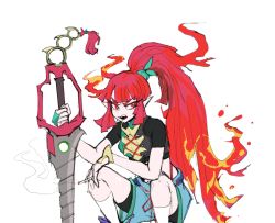 Rule 34 | 1girl, bad id, bad pixiv id, cigarette, commission, fiery hair, fire, fire, holding, holding cigarette, holding sword, holding weapon, icek, long eyelashes, long hair, open mouth, original, pointy ears, ponytail, red eyes, red hair, simple background, sketch, smoke, solo, squatting, sword, teeth, weapon, white background, white legwear