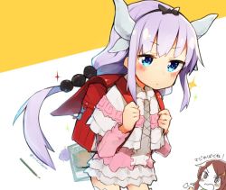 Rule 34 | &gt;:d, 10s, 2girls, :d, backpack, bad id, bad twitter id, bag, blue eyes, blush, book, capelet, commentary request, frown, hair ribbon, kanna kamui, kobayashi-san chi no maidragon, long hair, multiple girls, open mouth, purple hair, randoseru, ribbon, rimukoro, saikawa riko, smile, solo focus, translated, twitter username, two-tone background, v-shaped eyebrows, white background, yellow background