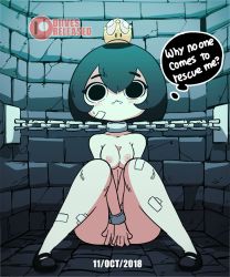 Rule 34 | 1girl, 2018, animated, animated gif, anus, artist name, bandages, barking, bdsm, black eyes, black footwear, black hair, blush, bob cut, bondage, bouncing breasts, bound, breasts, chain, collarbone, covering privates, covering crotch, crown, cuffs, dated, diives, dungeon, embarrassed, english text, engrish text, fangs, female focus, flying sweatdrops, full body, hair between eyes, hands up, indoors, knees together feet apart, looking down, mario (series), medium breasts, mini crown, navel, new super mario bros. u deluxe, nintendo, nipples, nose blush, open mouth, own hands together, patreon logo, patreon username, pigeon-toed, princess chain chomp, pussy, ranguage, shackles, sharp teeth, shoes, short hair, sitting, solo, spread legs, super crown, teeth, text focus, thought bubble, uncensored, v arms, vagina dentata, watermark, what