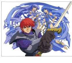 Rule 34 | 1990s (style), 1boy, 2girls, adol christin, ancient ys vanished, anklet, armor, barefoot, blue eyes, blue hair, bracelet, breastplate, feena (ys), gloves, holding, holding sword, holding weapon, jewelry, long hair, multiple girls, non-web source, official art, open mouth, reah (ys), retro artstyle, scan, short hair, simple background, smile, sword, two-handed, very long hair, weapon, white background, ys