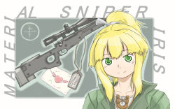 Rule 34 | 1girl, ai arctic warfare, blush, bolt action, character name, copyright name, dog tags, female focus, green eyes, gun, highres, iris (material sniper), letter, love letter, material sniper, ponytail, razyuumu, rifle, scrunchie, smile, sniper rifle, solo, upper body, weapon