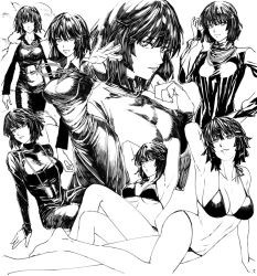 Rule 34 | 1girl, barefoot, bikini, black bikini, blunt bangs, breasts, covered navel, dress, feet, fubuki (one-punch man), full body, greyscale, jacket, jewelry, large breasts, looking at viewer, monochrome, navel, necklace, one-punch man, parted lips, short hair, skindentation, solo focus, swimsuit, underboob