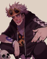 Rule 34 | 10s, 1boy, aren garci, artist name, beige background, black hair, bracelet, creatures (company), eyewear on head, game freak, glasses, grey eyes, guzma (pokemon), highres, jewelry, male focus, multicolored hair, necklace, nintendo, open mouth, pokemon, pokemon sm, simple background, skull, solo, sunglasses, tattoo, team skull, teeth, tongue, tongue out, two-tone hair, white hair