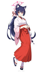Rule 34 | 1girl, absurdres, ame ame, animal ear fluff, animal ears, black hair, blue archive, blush, cat ears, flip-flops, flower, full body, hair flower, hair ornament, hair tubes, hakama, halo, highres, japanese clothes, long hair, long sleeves, looking at viewer, miko, official alternate costume, open mouth, pink halo, red eyes, red hakama, sandals, serika (blue archive), serika (new year) (blue archive), simple background, socks, solo, tabi, white background, white flower, white socks, wide sleeves