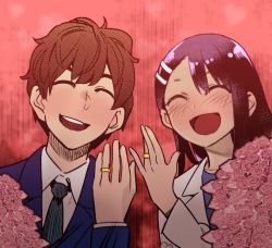 Rule 34 | 1boy, 1girl, 774 (nanashi), abstract background, blush, capitolmaster, closed eyes, colorized, flower, hachiouji naoto, hair ornament, highres, husband and wife, ijiranaide nagatoro-san, jewelry, married, nagatoro hayase, open mouth, red background, ring, rose, third-party edit, wedding band, wedding ring