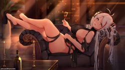 Rule 34 | 1girl, alternate costume, antenna hair, artist name, azur lane, black dress, blush, bow, breasts, brown eyes, candle, chair, cup, dress, gloves, hair bow, holding, holding cup, indoors, kitsune-neko, large breasts, long hair, looking at viewer, multicolored hair, night, prinz eugen (azur lane), prinz eugen (cordial cornflower) (azur lane), reclining, red hair, shoe dangle, shoes, silver hair, single shoe, skindentation, solo, streaked hair, table, thighs, two side up, very long hair, window