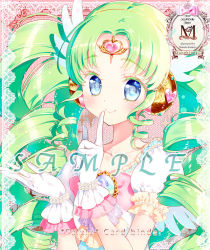 Rule 34 | 1girl, blue eyes, blush, brooch, closed mouth, collarbone, dress, drill hair, falulu, finger to mouth, gem, gloves, green hair, heart, index finger raised, jewelry, kamiya maneki, long hair, looking at viewer, pink dress, pretty series, pripara, puffy short sleeves, puffy sleeves, sample watermark, short sleeves, smile, solo, twin drills, twintails, upper body, very long hair, watermark