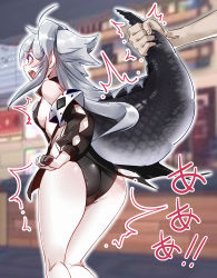Rule 34 | 1girl, absurdres, ahoge, arknights, ass, black panties, black shirt, black sleeves, blurry, blurry background, blush, breasts, crocodilian tail, detached sleeves, feet up, from behind, grey hair, highres, long hair, looking away, midoli (midoli next), no legwear, open mouth, panties, pointy ears, shirt, sideboob, sideways mouth, sleeveless, sleeveless shirt, solo focus, tail, tail grab, tearing up, teeth, thighs, tomimi (arknights), tongue, torn clothes, torn panties, underwear, upper teeth only