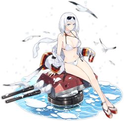 Rule 34 | 1girl, alternate costume, anklet, azur lane, bird, blue eyes, breasts, cleavage, closed mouth, collarbone, cross, cross earrings, crossed legs, drinking straw, earrings, eyewear on head, full body, grey hair, hao (patinnko), jewelry, large breasts, looking at viewer, navel, official art, sandals, seagull, short hair, sitting, solo, sunglasses, tirpitz (azur lane), tirpitz (snow-melting summer) (azur lane), transparent background, water