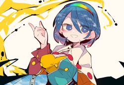 Rule 34 | 1girl, :d, blue eyes, blue hair, bright pupils, hair between eyes, hairband, long sleeves, looking to the side, massakasama, multicolored clothes, multicolored hairband, open mouth, short hair, smile, solo, tenkyuu chimata, touhou, upper body, white background, white pupils