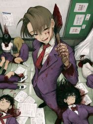 Rule 34 | axe, black hair, blood, blood on clothes, blood on face, blood on hands, bloody weapon, book, brown hair, collared shirt, corpse, from above, full body, gakudayo, guro, hallway, hand in pocket, highres, holding, holding axe, horror (theme), jacket, looking at viewer, lying, male focus, multiple others, necktie, on floor, original, over shoulder, parted bangs, purple jacket, red eyes, red necktie, school, school uniform, shirt, short hair, slit throat, smirk, standing, weapon, weapon over shoulder, white shirt