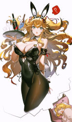 Rule 34 | 1girl, ?, absurdres, admiral hipper (azur lane), alternate breast size, animal ears, azur lane, bare shoulders, black leotard, black pantyhose, blonde hair, bottle, breasts, cleavage, covered navel, cropped legs, cup, detached collar, dreaming, drinking glass, earrings, fake animal ears, fake tail, floating hair, green eyes, hair ribbon, heart, highres, jewelry, large breasts, leotard, long hair, nike (nike1060), open mouth, pantyhose, playboy bunny, rabbit ears, rabbit tail, red ribbon, ribbon, simple background, spoken question mark, tail, tray, wavy hair, white background, wrist cuffs, zzz