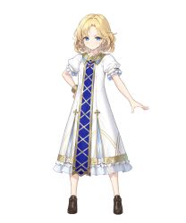 Rule 34 | 1girl, blonde hair, blue eyes, bracelet, child, dress, fire emblem, fire emblem: mystery of the emblem, fire emblem heroes, hand on own hip, highres, jewelry, long dress, looking at viewer, necklace, nintendo, non-web source, official art, short hair, solo, tachi-e, v-shaped eyebrows, white dress, yuliya (fire emblem)