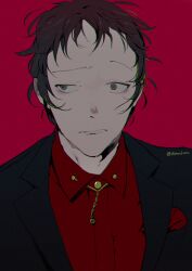 Rule 34 | 1boy, adachi tooru, black hair, black jacket, closed mouth, collared shirt, commentary, english commentary, frown, grey eyes, jacket, kaninn, looking to the side, male focus, persona, persona 4, red background, red shirt, shirt, short hair, simple background, solo, twitter username, upper body